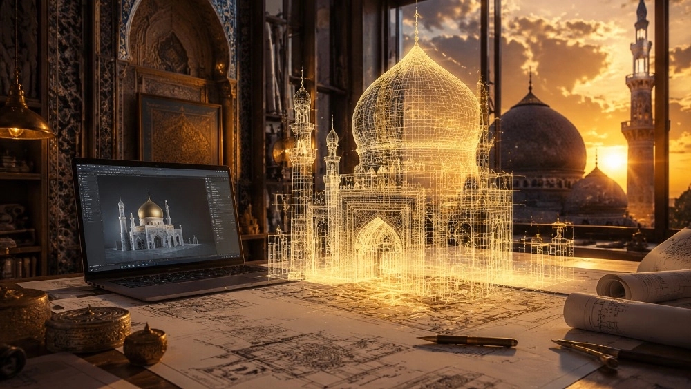 طراحی سه‌بعدی گنبد و ضریح قبل از اجر